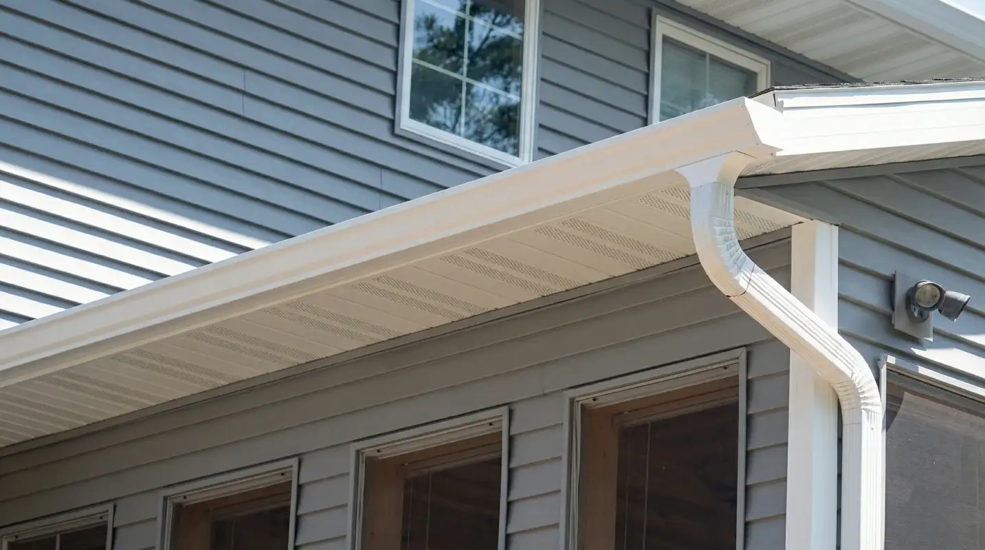 Professional home remodeling project showing newly installed white seamless gutters and downspouts on a house with gray siding in Knoxville, TN