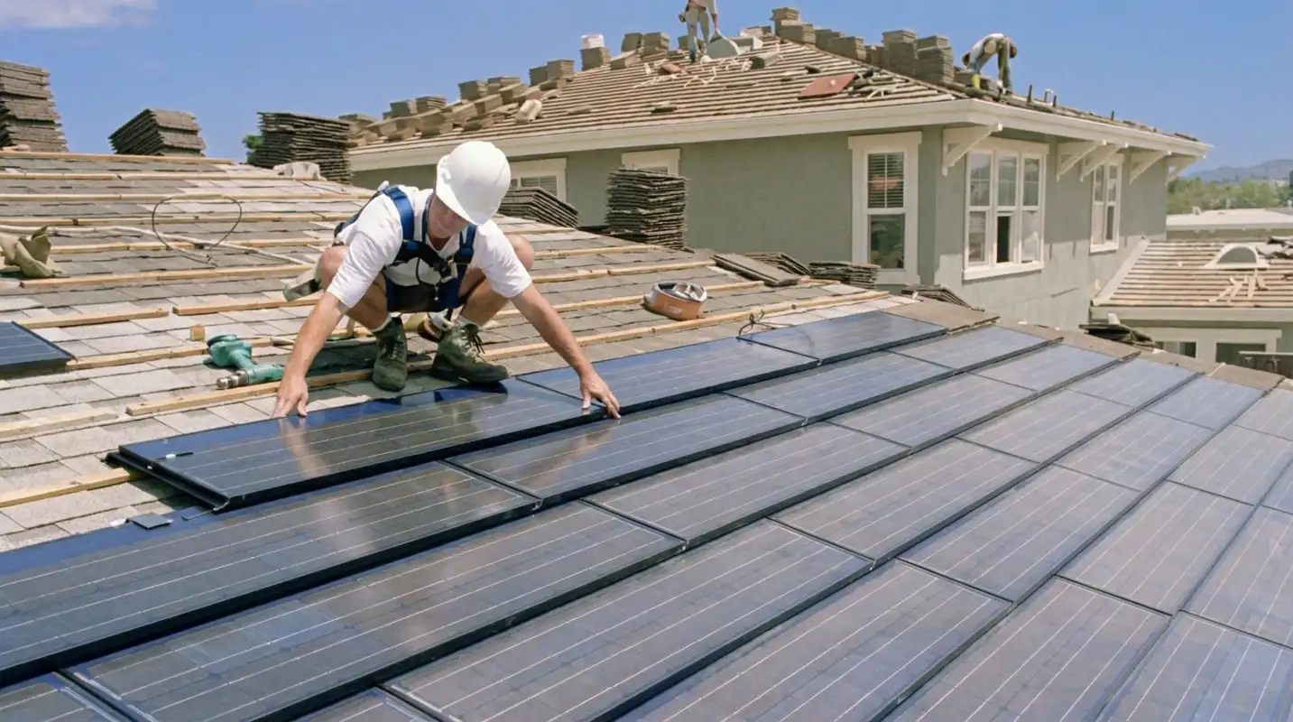 Roof replacement expert installing modern solar shingles on a residential home in Knoxville, TN