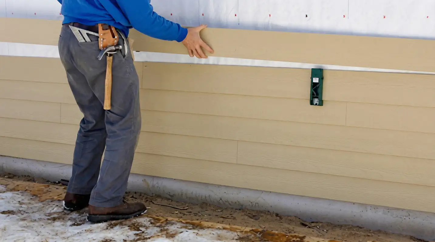 Siding replacement expert carefully aligning a new tan siding panel onto a residential exterior wall in Knoxville, TN