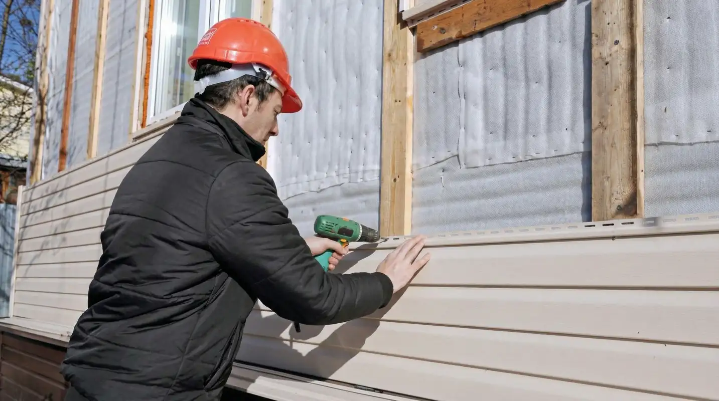 Siding replacement professional using a power drill to install new tan vinyl siding on a home exterior in Knoxville, TN