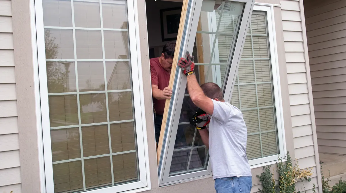 Professional home remodeling team installing a large replacement window on a house with tan siding in Knoxville, TN