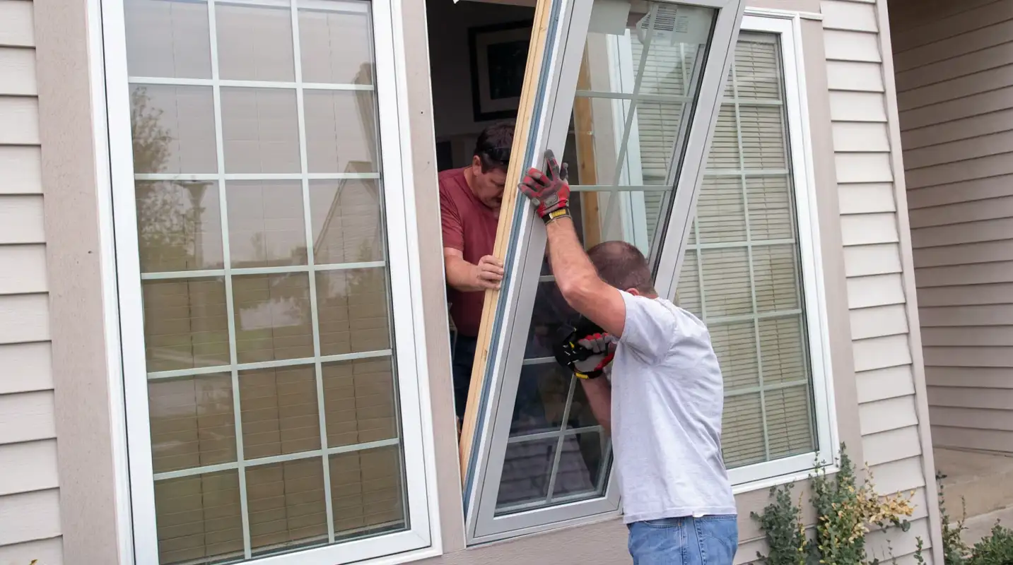 Professional home remodeling team installing a large replacement window on a house with tan siding in Knoxville, TN